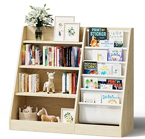 KEEPREAPER Kinderregal mit 5 Ablage und 4 offenen Fächern, Bücherregal für Kinder Holz, Spielzeugregal, Spielzeug-Organizer für Kinderzimmer, 90x40x80cm, Natur