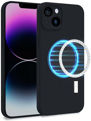 MyGadget Hülle für Apple iPhone 14 Plus [ kompatibel mit MagSafe ] - Zweilagige Handyhülle mit Kameraschutz - Cover mit Innenfutter & Silikon außen - Schwarz