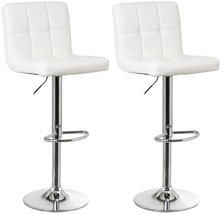 2 taburetes de cocina regulables en altura blancos con respaldo alto | Asiento cuadrado y respaldo alto acolchados y tapizados en polipiel. Altura ajustable de 72 a 92 cm. Resiste hasta 120 kg