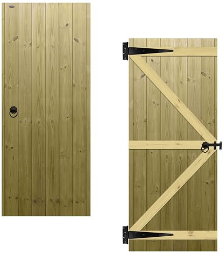 Flat Top Wooden Garden Gate 6x2.5ft - Tongue & Groove Semi-Braced Treated Timber Door + Ring Latch Hinge Pack, H:6ft x W:2.5ft Ideal for Outdoor Pathway Home Access (High: 180cm x Wide: 75cm)