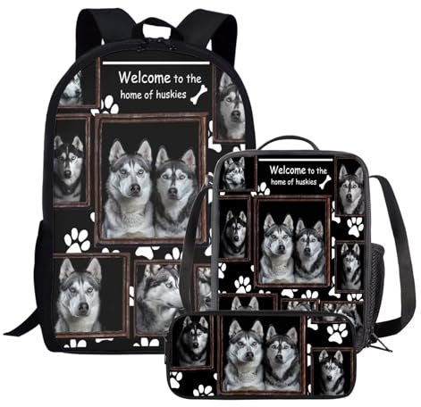 Amzbeauty 3-teiliges Rucksack-Set für Mädchen, Rucksack und Lunchbox, Federmäppchen-Set für die Schule, Husky