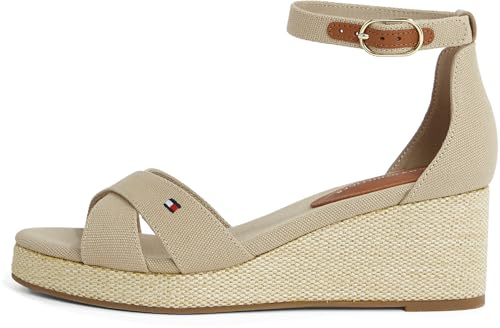 Tommy Hilfiger Damen Wedge Sandalen Flag Criss-Cros Mid mit Knöchelriemen, Beige (Horseradish), 40