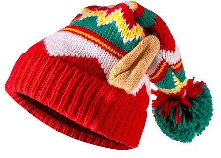 Giggling Getup Warme Strick-Weihnachtsmütze für Kinder, Beanie-Mütze mit Bommeln, gestrickte Weihnachtsmannmütze mit roten und grünen Streifen für Jungen, Mädchenmütze für Weihnachtsgeschenke