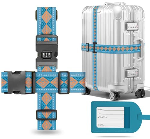 Metamorisy,Koffergurt kreuzgurt mit Kofferanhänger,kofferband auffällig,koffergurt mit zahlenschloss,Verstellbare koffergürtel,Luggage Strap (Blau)