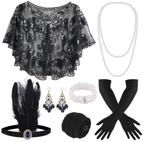 ELFIN 9 Teiliges 20er Accessoires, 1920er Flapper Great Gatsby Accessoires-Set Fashion Roaring 20's Theme Set mit Stirnband, Kopfbedeckung, langen schwarzen Handschuhen, Halskette, Schwarz