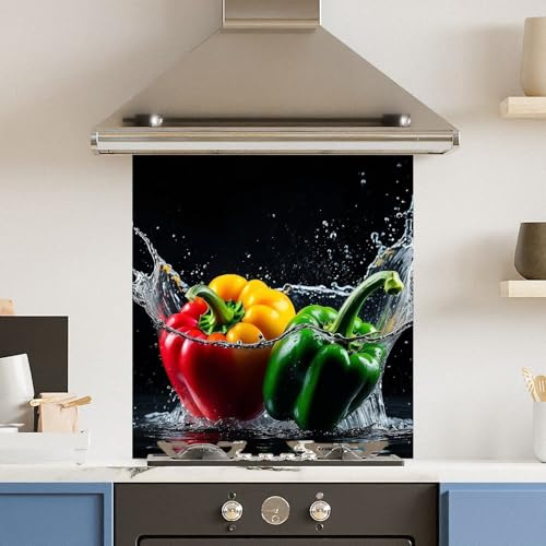 Toughened 6mm Glass Kitchen Splashback 60 x 65cm Pepper Splash - Polished Edge Heat Resistant Back Splash for Cookers Hob