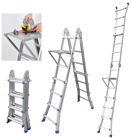 JADDUO 4,4m Aluminium Teleskopleiter mit Haken, 150kg Tragkraft | Mehrzweck Klappleiter, einklappbare Trittbretter, 30cm Stufenabstand für Heim & Werkstatt