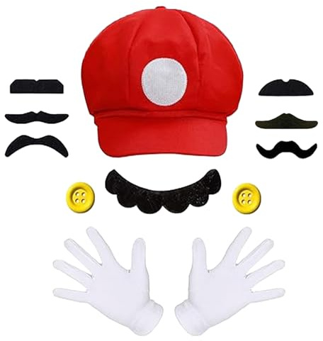 BOOSHMall Mari Rot Mütze, Karneval Kostüm Zubehör, Cosplay-Kostüme Für Kinder, Rot Kostüm mit Kappen Schnurrbärte Weißen Handschuhe Knöpfe, für Fasching Karneval Halloween Mottoparty Kostüm, Rot
