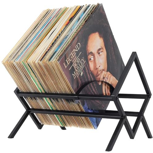 Vinyl Record Storage Holder CD Rack, Metal Vinyl Record Stand 80-100 LP Storage Unit, CD Display Shelf for Albums Audio Magazine Organiser Easy to Assemble, Black