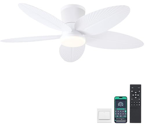 Surtime - Ventiladores de techo de hoja de palma con luces, 42 ventiladores de techo tropicales con luz y control remoto/aplicación, montaje empotrado, ventiladores de techo blancos de perfil bajo