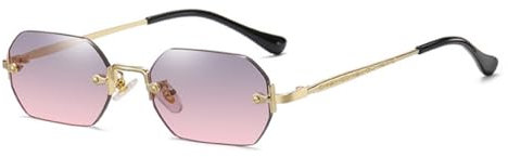qinqilanqi-S Rahmenlose Achteckige Sonnenbrille | Metall Retro | UV400 | Etwa 20g Leichtgewicht Damen Herren(Gold/Grau Rosa Verlauf)