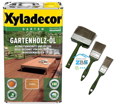 zbs24 Xyladecor Gartenholz Öl hell 2,5 Liter, für Terrassendielen und Möbel, exellenter Wetter-und UV-Schutz, Schützt und Pflegt Hölzer im Aussenbereich inkl. 3 teiligem Pinselset
