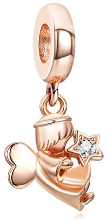 Amieween 925 Sterling Silber Charm für Damen Armbänder Halskette Roségold Herz Geflügelter Engel Anhänger Charm 5A Zirkonia Charms für Damen
