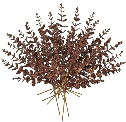 Oairse 20er-Set Kunstpflanze Kunstzweig Weihnachten deko Glitzer, Weihnachten Blätter für Weihnachtsbaum Neujahr Ornamente, Künstliche Eukalyptus für Feiertags-Esstischdekoration, Braun