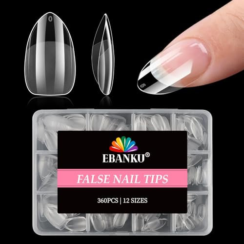 360PCS Extra Short Press Nails Almond Nail Tips, EBANKU Pre-shape Half Matte Clear Press on Nails Acrylic Full Cover False Nail Extension Clear Gelly Fake Nails for Women Manicure Salon DIY, 12 Sizes
