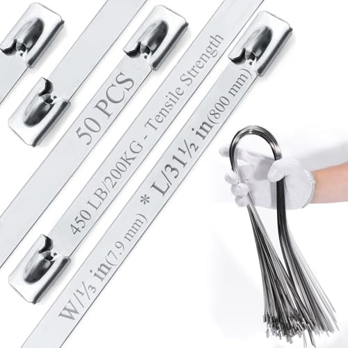 Metal Cable Ties(50Pcs), 32 (800mm) 304 Stainless Steel Zip Ties， 450LB Heavy Duty (2X Stronger) W/0.31 (7.9mm)., Heat Resistant for Exhaust Wrap/Fencing/Pipes/Auto Repair, Replace Metal Wires.