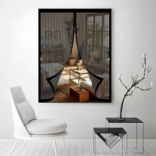 Fliegengitter Balkontür Magnet 57 x 220 cm Anpassbar, Lichtdurchlässig, Einfache Montage, Selbstschließend, Magnet Fliegengitter Vorhang für Schlafzimmertür, Fenstertür, Schwarz