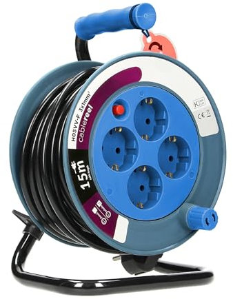Mini Kabeltrommel 15 m – 4x Schuko-Steckdosen (Typ F), Trommelverlängerung mit PVC-Kabel H05VV-F, 2300W, IP20, türkis – kompakter Stromverteiler für Innenbereiche