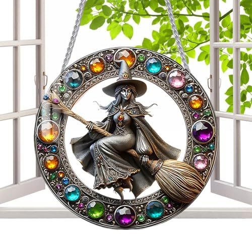 Hexenfensterdekor - kreisförmiger Acrylhängel Anhänger, verzauberte Wandverzierung | Gothic Home Decor für Terrasse, Schlafzimmer, Halloween -Party, heidnischer Altar und magische Atmosphäre