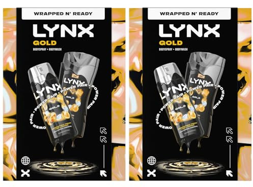 Lynx Gold Duo Gift Set for Him, 2 Pack- Oud Wood and Vanilla Scent, Full-Size Body Wash and Deodorant Spray, 48H Freshness with Zinc Technology, Aluminium Free Grooming Gift for Men