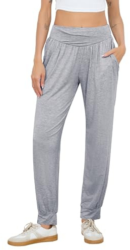 Vlazom Pantalones Yoga Mujer Bombachos Casuales de Cintura Alta con Cordones,Pantalones Bloomers Anchos para Ejercicio y Uso Cotidiano(XL,Gris Claro)