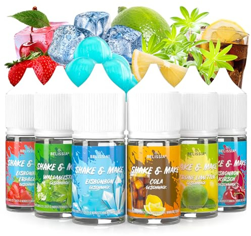 Belissia Shake and Make Set Erfrischung Geschmack 6x30ml Lebensmittelaroma | Hochdosiertes Aroma, vegan, ohne Zusatzstoffe, für Backen, Speisen, Getränke, Shakes, DIY und Raumduft