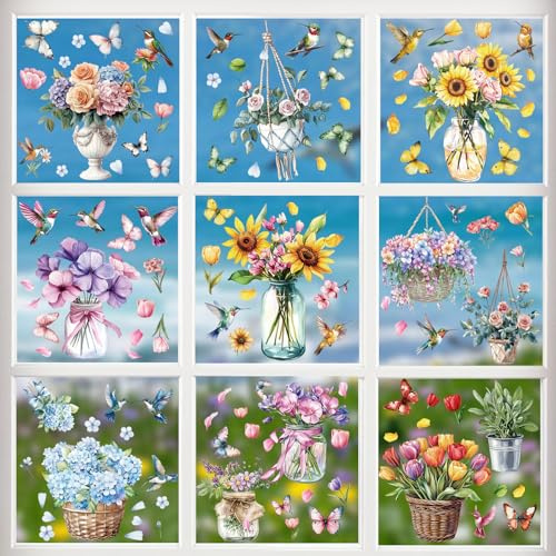 WD&CD 9 Blätter Fensterbilder Frühling Deko Selbstklebend,Blumen Fensterbilder Schmetterlinge mit Blüten Motiv Fenstersticker Fensterfolie Wiederverwendbar für Fensterdeko-03