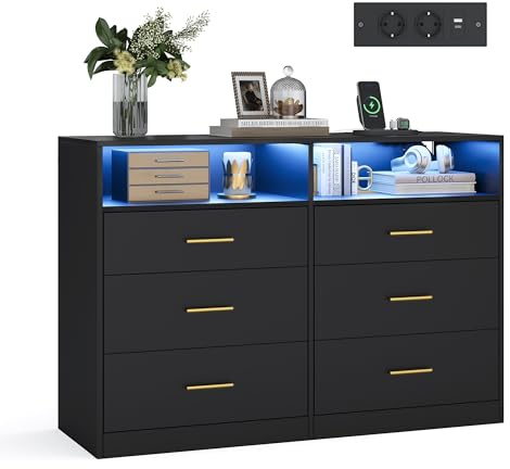 VASAGLE Custos Kollektion - Kommode, Kommodenschrank mit LED-Beleuchtung und Steckdosenleiste, Sideboard, modern, Wohnzimmer, Schlafzimmer, 6 Schubladen, 40 x 119 x 81,2 cm, tintenschwarz LTS316BC01