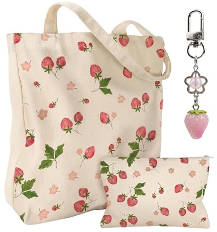 ZXTGBQ Bonito Bolso Tote con Estampado de Fresas, Bolso Grande con Bandolera de Lona, Neceser de Maquillaje, Llavero Rosa con Estampado de Fresas, para El Trabajo, El Colegio, Los Viajes y Las Compras