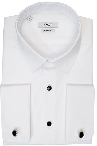 Xact Men’s Standard Collar Dress Shirt – Plain Front with Black Buttons – Double Cuff Formal Shirt with Cufflinks for Evenings, Cruises & Weddings (White - Standard Collar - Black Buttons) 16 1/2