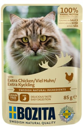 Bozita Nassfutter-Häppchen in Sauce mit viel Huhn - 12er-Pack 85g schmackhaftes Katzenfutter ohne Zucker - Futter für erwaschsene Katzen mit 8,5% Protein & 4,5% Fettgehalt, ohne Gentechnik