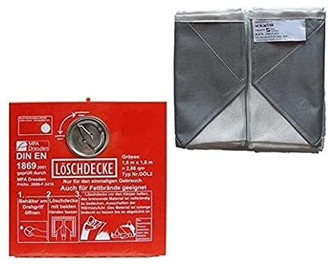 Brandengel Premium Löschdeckenbox aus Stahlblech rot L 30 x B 30 x T 8 cm, Plombierbar, Drehgriff mit Löschdecke 1,60 X 1,80m für Fettbrand, Küche geeignet