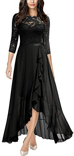 MIUSOL Women's Elegant Scoop Neck Floral Lace Formal Wedding Maxi Dress (X-Large, Black)