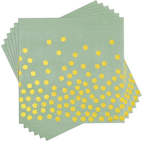 100 Stück Salbeigrüne Servietten Einweg – Salbeigrün Cocktail-Servietten – 3-lagig Gold Dot Salbei Papierservietten für Geburtstag Jahrestag Abendessen Braut Hochzeit Party Supplies