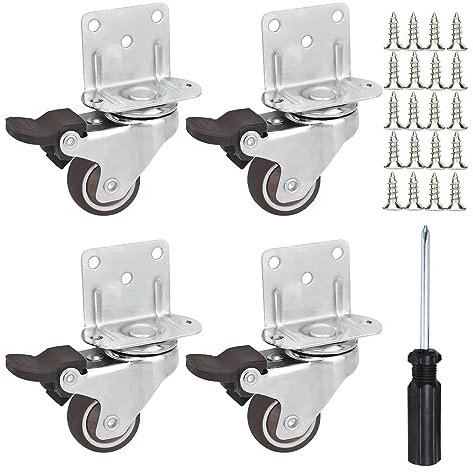 4 Stück Mobelrollen mit Bremse, 25mm Mobelrollen Klein, Kleine Möbelrollen L-Montageplatte, Lenkrollen mit Bremse, Tragfähigkeit 45Kg, mit 20 Schrauben, 1 Schraubendreher, für Möbel, Krippen