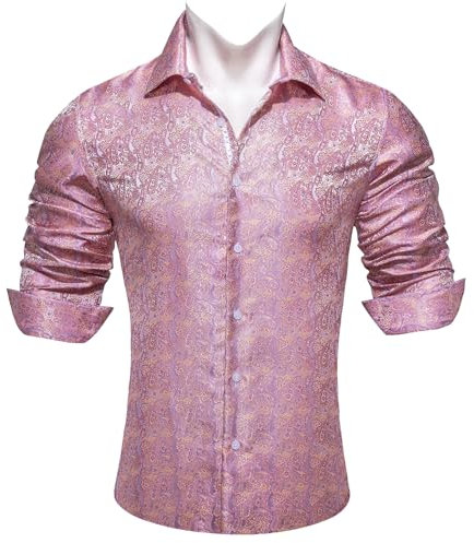 Barry.Wang Men Dress Shirts Paisley Silk Long Sleeve Button Big and Tall Down Shirt Fashion Leisure Wedding Party Prom Pink S-3XL