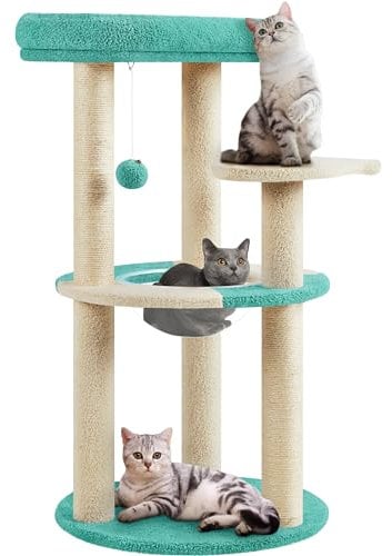 Yaheetech Kratzbaum, Stabiler Kletterbaum für Katzen, modernes Design mit Plattform, Raumkapsel und Sisalstämmen, Indigo/Beige