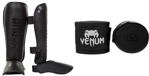 Venum Erwachsene Schienbeinshoner Challenger 2.0, Schwarz/Matt, XL, 2050-114 & Kontakt Boxbandagen - Schwarz - 4 M