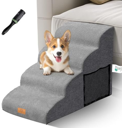 Scaletta per Cani,Masthome Rampa per Cani 4 Gradini,Scala per Cane in Spugna per Salire Sul Letto e Divano,per Cane Zampe Corte,Ferito,Anziani e Cuccioli,con Copertura Rimovibile e Lavabile,Grigio