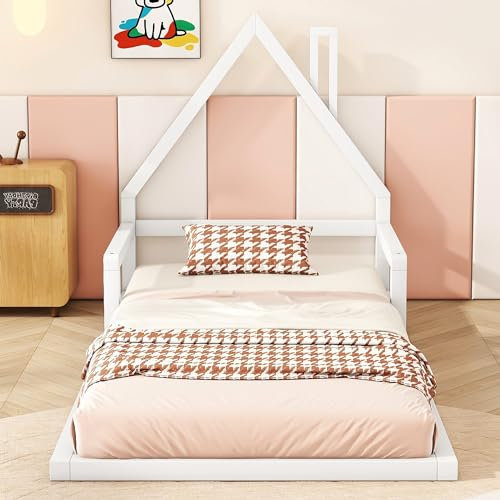 Jovify Kinderbett 90x200 cm Bodentief Hausbett Bodenbett mit Rausfallschutz und Lattenrost, Schornsteinform Design, Bettgestell Flachbetten Haus Kinder Bett Jugendbett Einzelbett, ohne Matratze, Weiß
