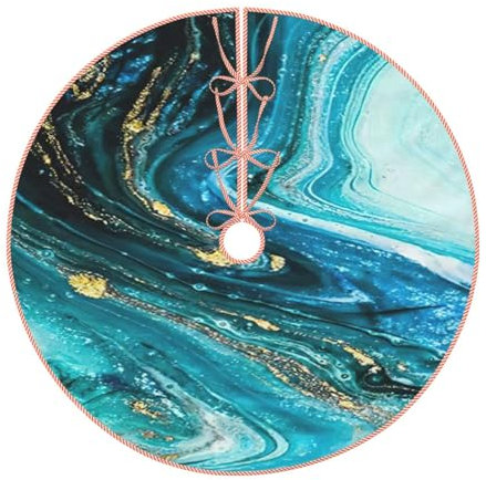 Falda de árbol de Navidad con estampado de mármol azul turquesa y dorado, decoración de falda de árbol de Navidad