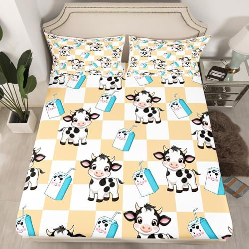 Kawaii - Juego de ropa de cama de vaca lechera, tamaño individual, geométrico, a cuadros, para adolescentes, decoración de dormitorio, sábana bajera de microfibra suave, 2 piezas, sin sábana encimera
