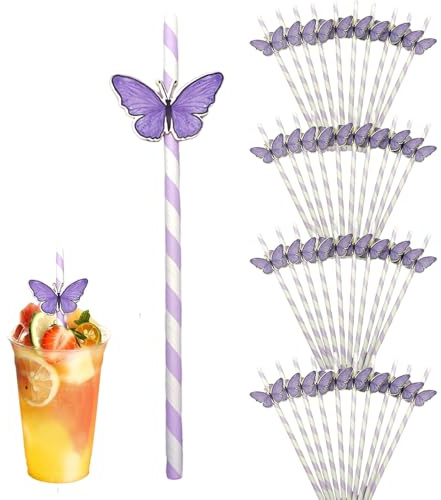 MIUPOO Butterfly Stripe Paper Straws,Butterfly Floral Decor Disposable Party Straws,Disposable Drinking Straws Set for Valentine's Day, Brithday, New Year, Party Decoration Supplies,40 Pieces,Purple.