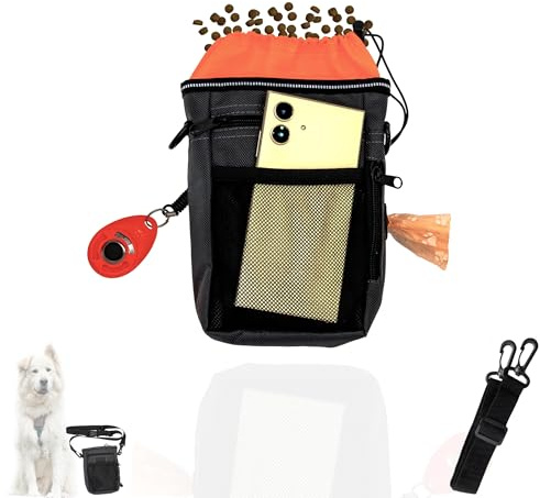 YEibi Bolsa Premios Perro con Clicker - Riñonera de Entrenamiento Canino y Paseo con Dispensador de Bolsas para Heces, Porta Chuches y Accesorios, Naranja