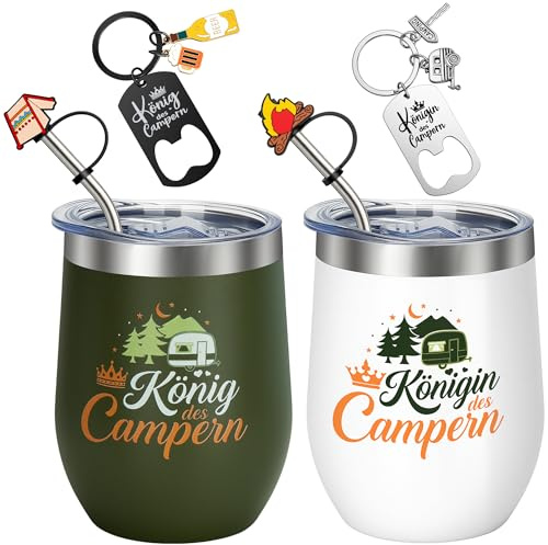 Camping Geschenk Set für Paare, 2 Edelstahl Thermobecher Camper Geschenke | „König des Campers“ & „Königin des Campers“ mit Schlüsselanhänger,Lustiges Geschenk für Camper, Wohnmobil & Vanlife Liebhaber