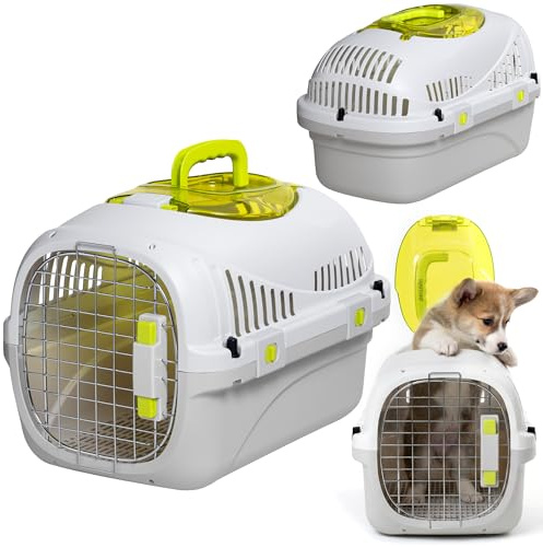 Peluvio Safy Hundetransportbox Auto, Hundebox mit Metalltür, Stabil und Leicht, Oben Öffnbar für Kontakt, Herausnehmbare Hygienegitter, Inklusive Napf, Hundetransporter Auto für Kleine Hunde, bis 5 kg
