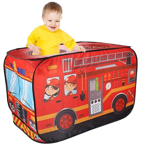 Pesoncarl Play Tents, Kids Pop-Up Tent 44.1x27.6x29.5 Foldable Car Tent Breathable Play with Rolling Door & Skylight Non Shrink Fade Resistant Kids for Pretend, Fire Fighting Truck