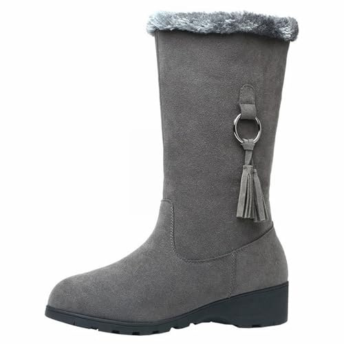 Generisk kvinnors vår och höst vinter casual plus sammet varm bära mode kvinnors skor sida dragkedja trendig Tassel Mid Calf skor dam svart hög