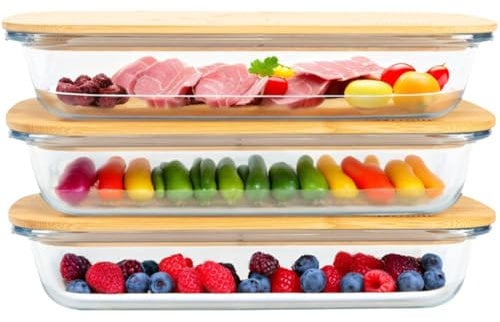 Good Lifestyle - Set di 3 scatole per salumi, per frigorifero, in vetro, con coperchio in legno, impilabili, salsicce e formaggi