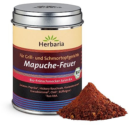 Herbaria Mapuche-Feuer bio 95g M-Dose - fertige Bio-Gewürzmischung BBQ und Gerichte aus dem Schmortopf – Grillgewürz – BBQ-Gewürz - mit erlesenen Zutaten - in nachhaltiger Aromaschutz-Dose